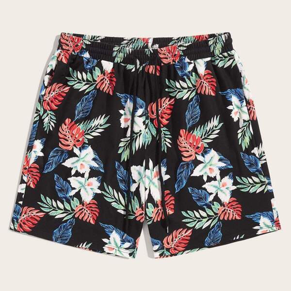 

Men Drawstring Waist Tropical Print Shorts