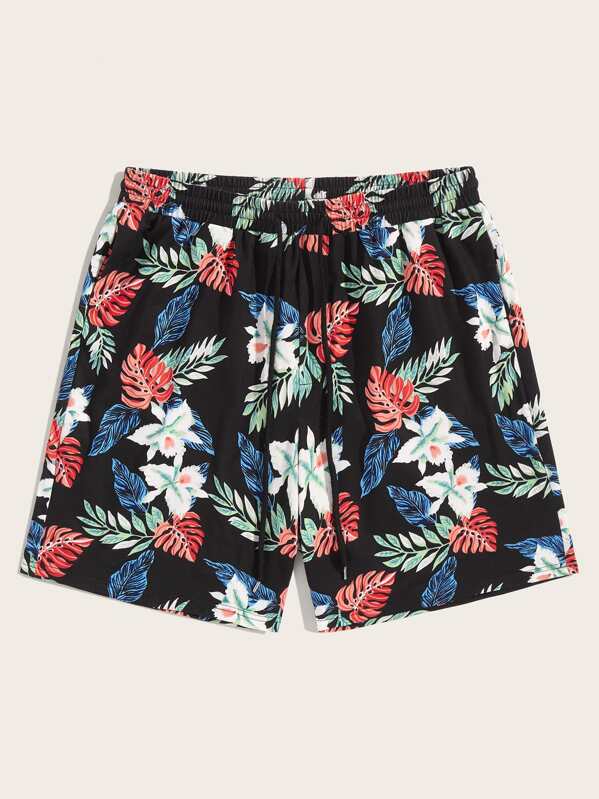 

Men Drawstring Waist Tropical Print Shorts, Multicolor