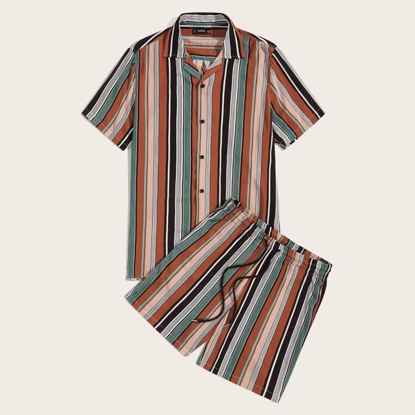 

Men Revered Collar Striped Shirt & Drawstring Waist Shorts Set