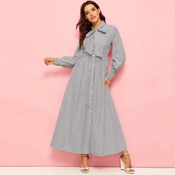 

Tie Neck Striped Shirt Dress