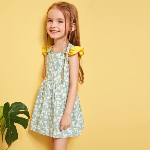 

Toddler Girls Ditsy Floral Ruffle Criss-cross Pinafore Dress, Green