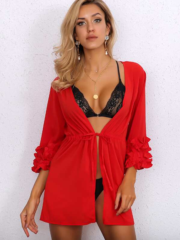 

Joyfunear Layered Frill Trim Tied Waist Kimono, Red