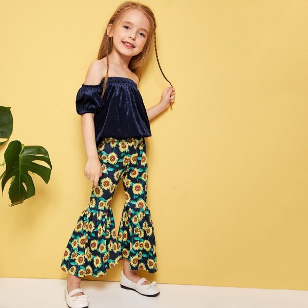

Toddler Girls Off Shoulder Top With Floral Print Flare Leg Pants, Multicolor