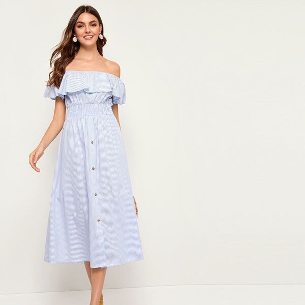 

Striped Shirred Waist Ruffle Trim Dress