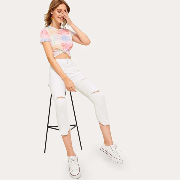 

Solid Ripped Skinny Capris Jeans