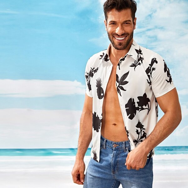 

Men Pineapple & Leaf Print Shirt, Black and white