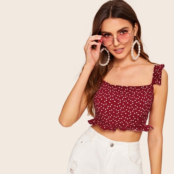Confetti Heart Print Frill Crop Top, Burgundy