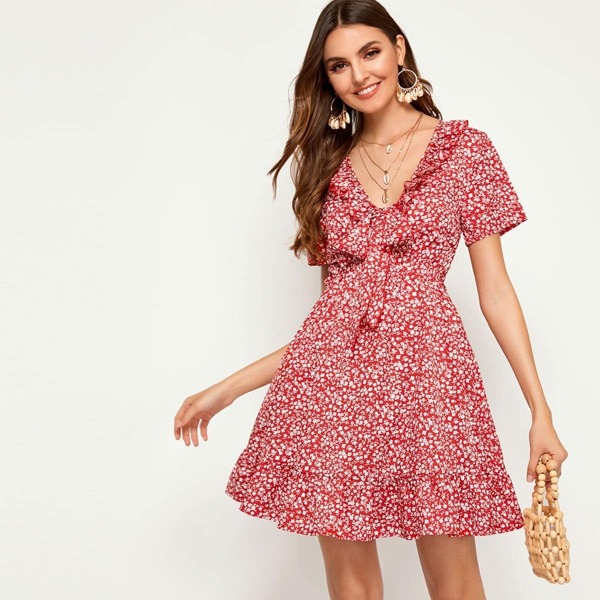 

Ditsy Floral Print Tie Front Ruffle Hem Dress