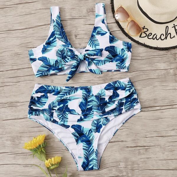 

Plus Tropical Knot Top With High Waist Bikini, Blue