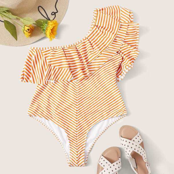 

Plus Striped Ruffle One Shoulder One Piece Swimwear, Orange