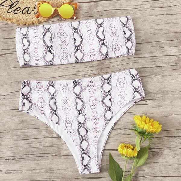 

Plus Snakeskin Bandeau Top With High Waist Bikini, Multicolor