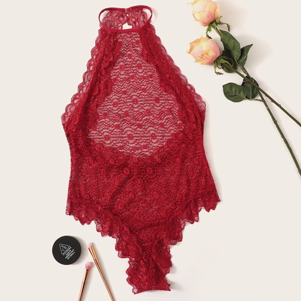 

Plus Floral Lace Scallop Teddy Bodysuit, Red