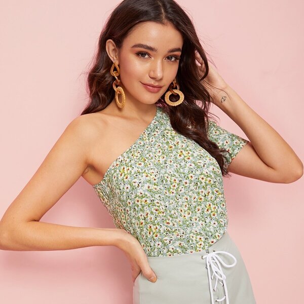 

One Shoulder Ditsy Floral Print Top, Green pastel