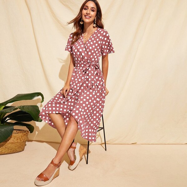 

Surplice Wrap Ruffle Trim Polka Dot Belted Dress