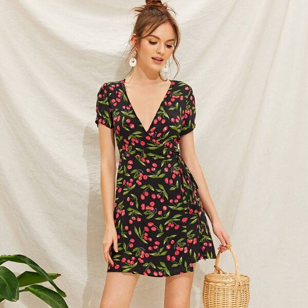 

Surplice Wrap Cherry Print Dress