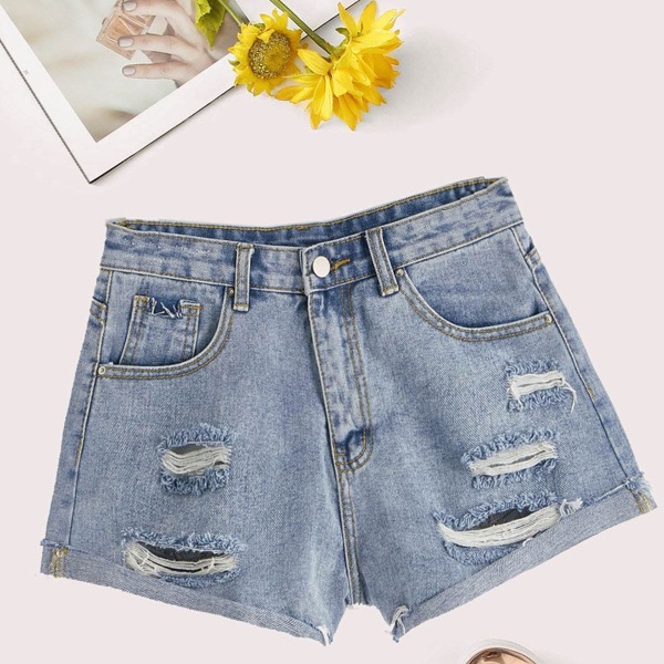

Ripped Rolled Hem Denim Shorts