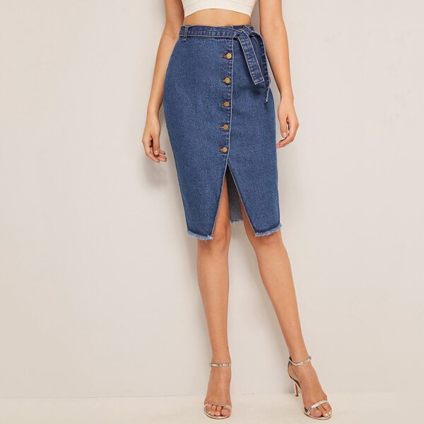 

Self Belted Button Up Frayed Denim Skirt