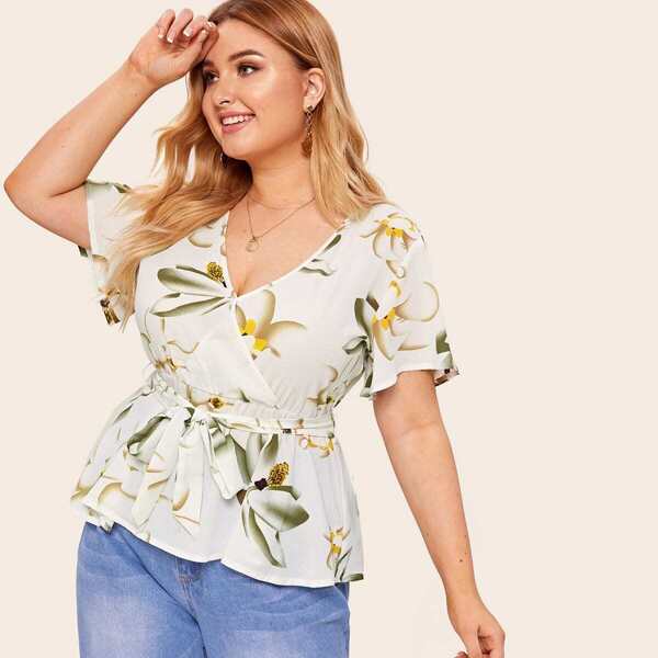 

Plus Floral Print Belted Peplum Blouse