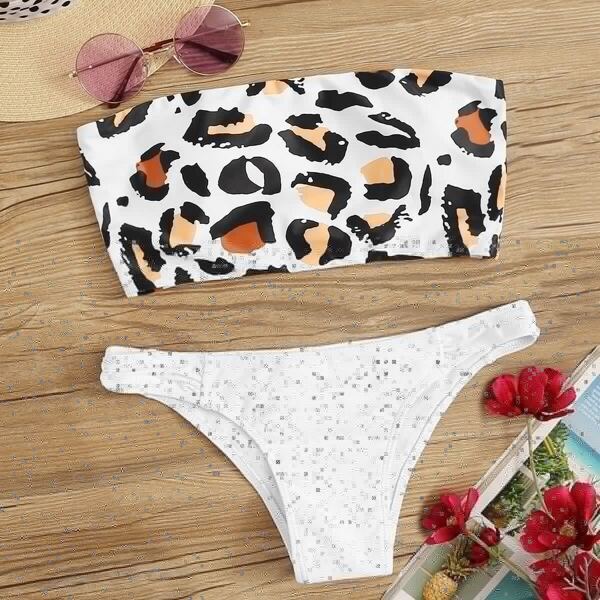 

Leopard Bandeau Top With Low Rise Bikini Set