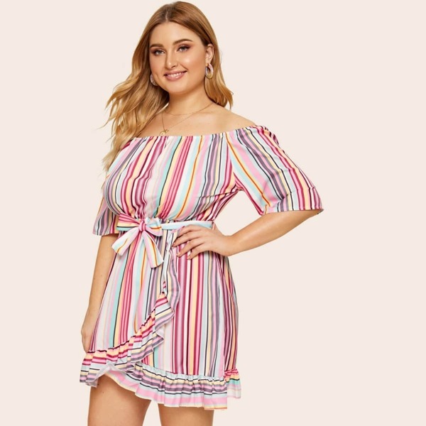 

Plus Colourful Stripe Belted Dress With Wrap Skirt