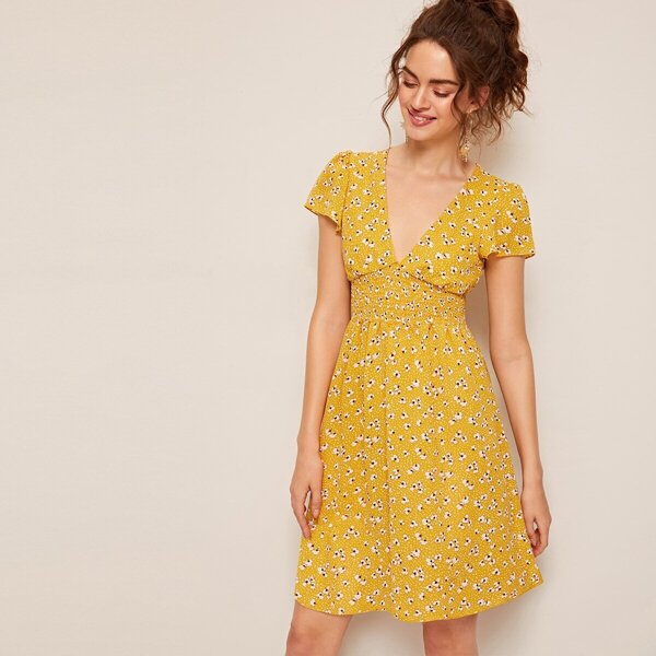 

Ditsy Floral V-neck Shirred Dress, Yellow