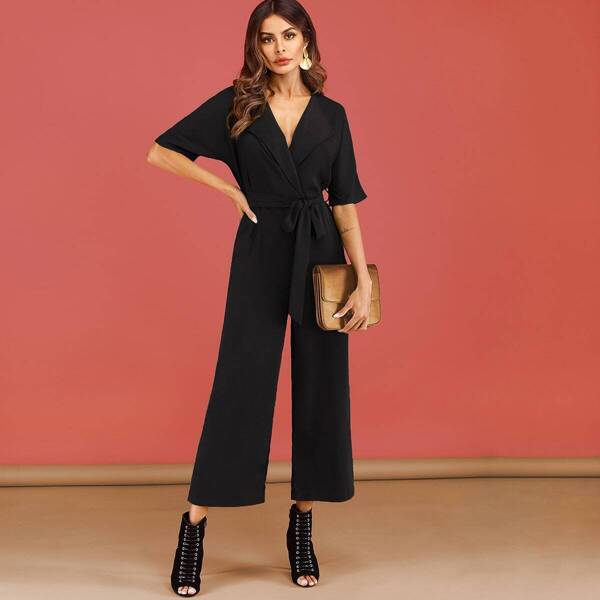 

Shawl Collar Solid Belted Jumpsuit, Black