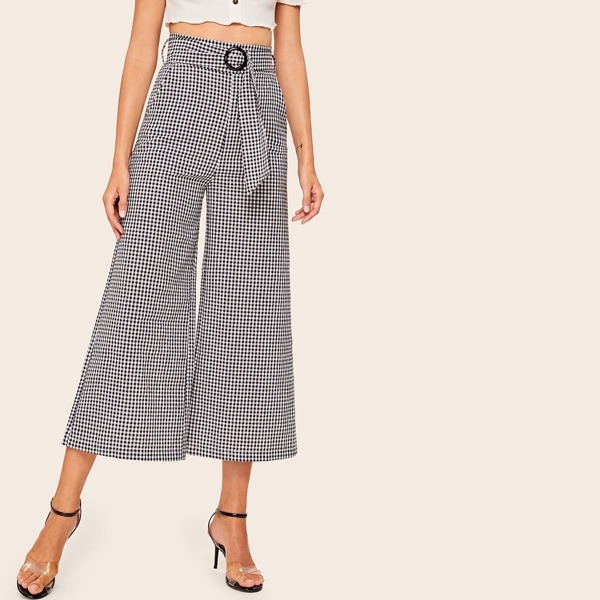 

Gingham High Waist Wide Leg Belted Pants