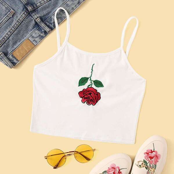 

Rose Embroidered Cami Top, White