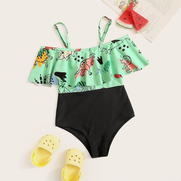 

Girls Random Cartoon Flounce One Piece Swimsuit