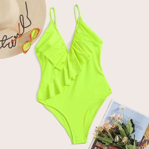 

Neon Lime Ruffle Plunge One Piece Swimwear