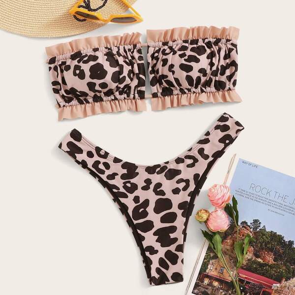 

Leopard Frill Trim Bandeau With High Cut Bikini, Multicolor
