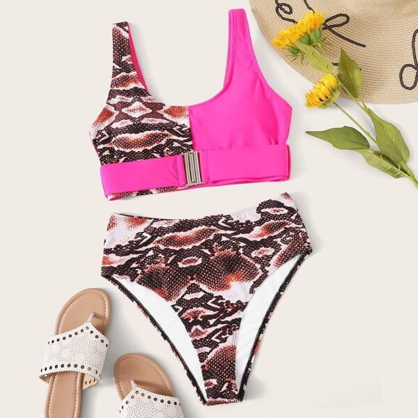 

Snakeskin Buckle Top With High Waist Bikini Set