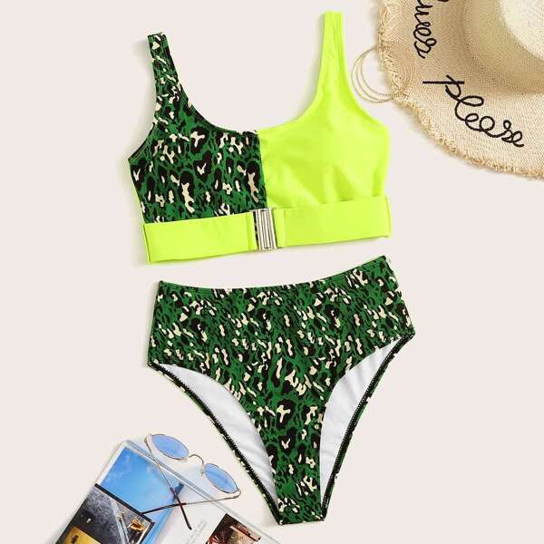 

Neon Lime Snakeskin Buckle Top With High Waist Bikini