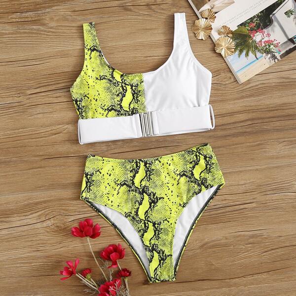 

Snakeskin Buckle Top With High Waist Bikini Set, Multicolor