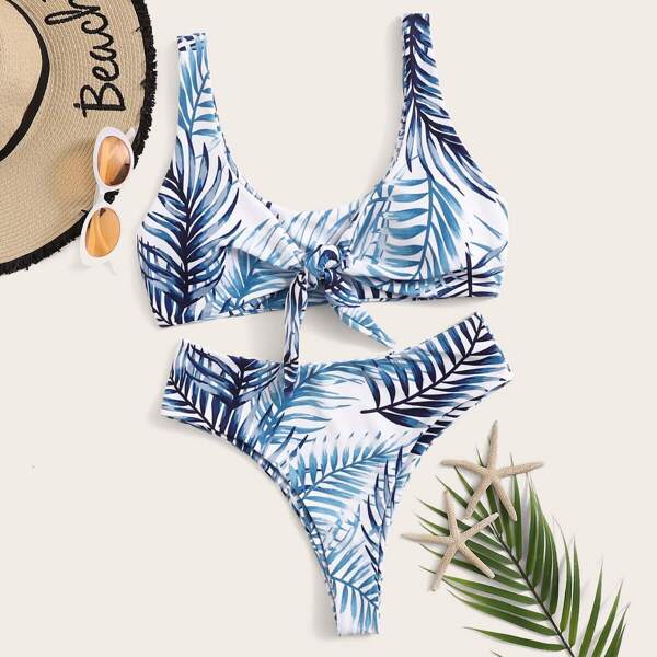 

Random Leaf Knot Top With High Waist Bikini
