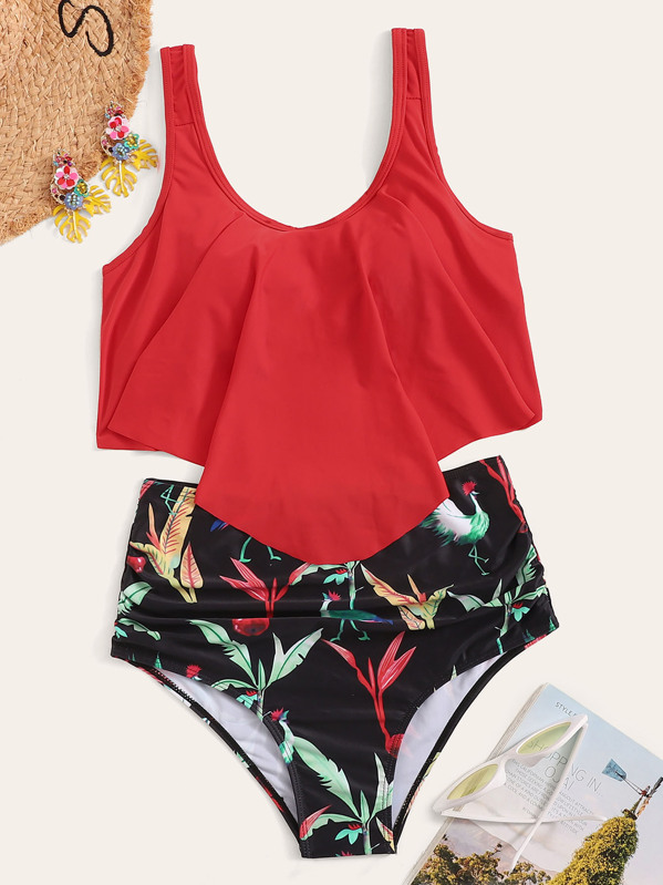 

Floaty Top With Random Tropical Print Bikini, Multicolor