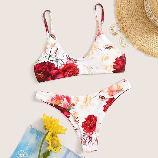 

Random Floral Cami Top With Cheeky Bikini Set