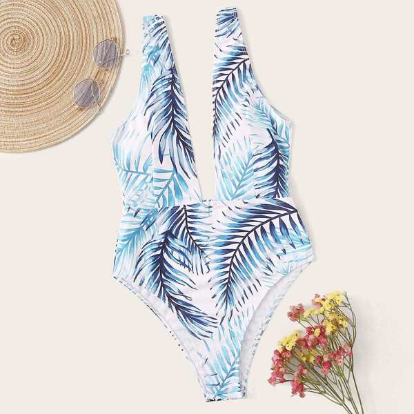 

Random Leaf Print Plunge One Piece Swimsuit