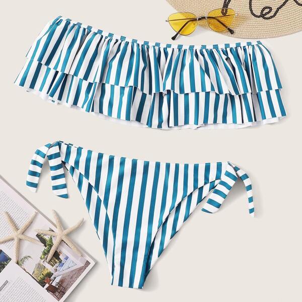 

Striped Layered Bardot Top With Tie Side Bikini
