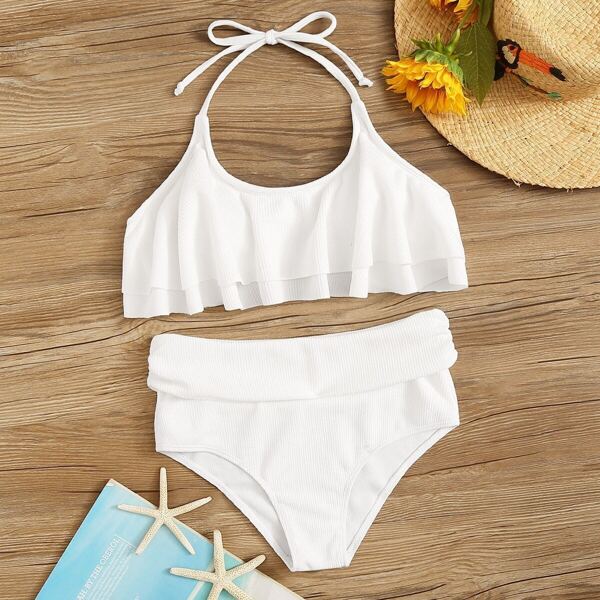 

Ribbed Floaty Top With High Waist Bikini Set