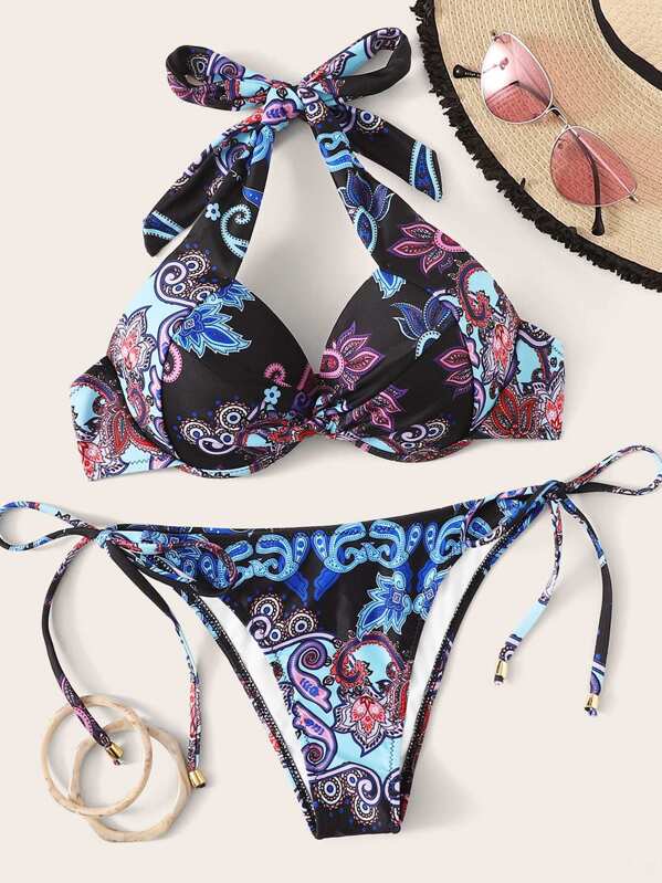 

Random Paisley Underwired Top With Tie Side Bikini, Multicolor