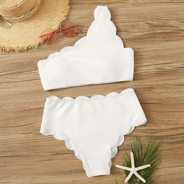 

Textured Scalloped Trim One Shoulder Bikini Set, White