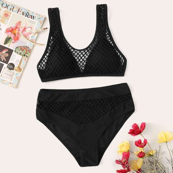 

Fishnet Overlay Top With High Waist Bikini Set
