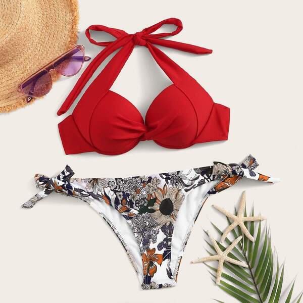 

Twist Halter Top With Random Floral Bikini Set, Multicolor