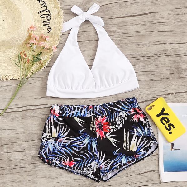 

Halter Top With Random Tropical Shorts Bikini Set