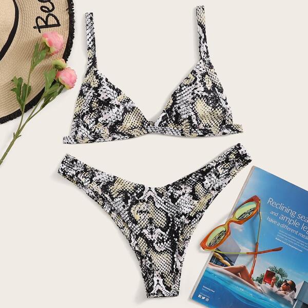 

Snakeskin Print Top With High Cut Bikini Set