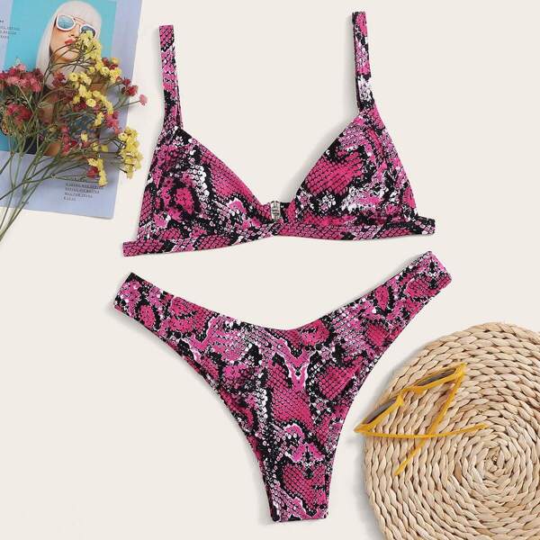 

Snakeskin Print Top With High Cut Bikini Set, Multicolor