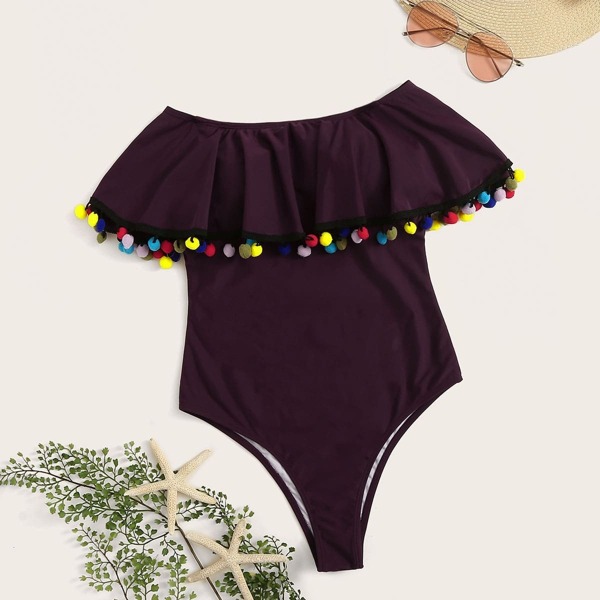 

Pom Pom Trim Flounce One Piece Swimsuit, Burgundy