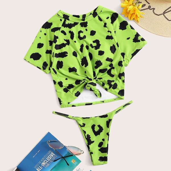 

Leopard Knot Front Short Sleeve Tankini Set