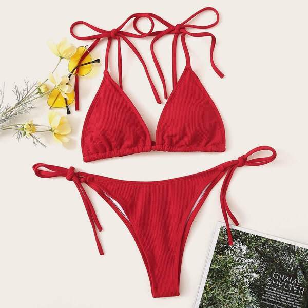 

Rib-knit Triangle Top With Tie Side Bikini Set